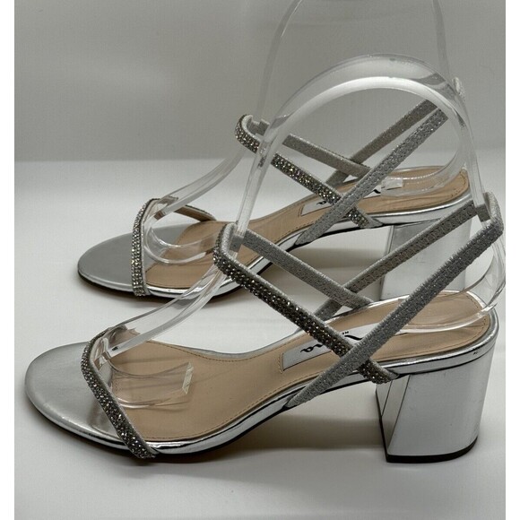 Nina Nissy True Silver Ankle Strap Rhinestone Block Heel Sandal SZ6 1/2 - Picture 8 of 9
